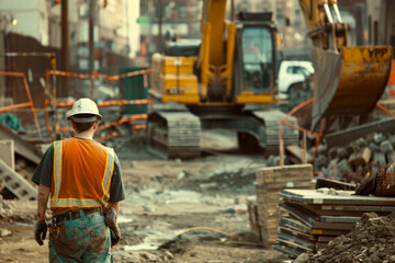 A construction worker in the midst of a busy construction site.