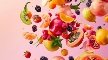 Exotic fruits soaring against a pastel pink canvas, a dance of colors and shapes celebrating...