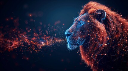 Low poly wireframe illustration of lion's head. Lines and dots. RGB color mode. Wild animals concept. Polygonal art. - obrazy, fototapety, plakaty
