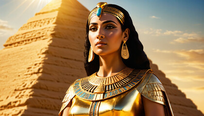 The pharaoh woman woman dressed in gold, standing in front of a large pyramid. She is wearing a headpiece and a crown, ., generative AI - obrazy, fototapety, plakaty