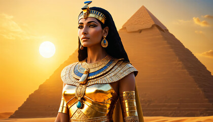 The pharaoh woman woman dressed in gold, standing in front of a large pyramid. She is wearing a headpiece and a crown, ., generative AI - obrazy, fototapety, plakaty