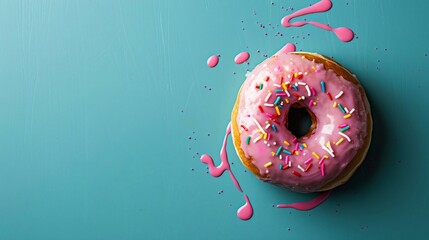 Glazed donut transitioning into a melt, vividly contrasted on a deep teal background, encapsulating indulgence - obrazy, fototapety, plakaty