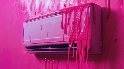 Modern air conditioner dissolving into a hot pink canvas, an ironic twist on climate control meets...