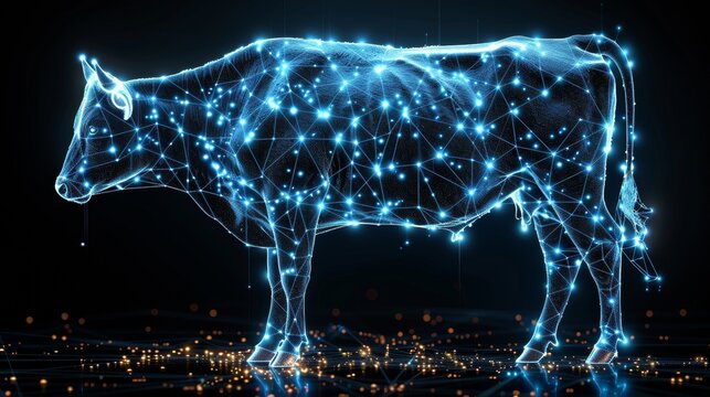 An abstract drawing of a cow with the form of a starry sky or space, consisting of a planet, stars, and a universe. Animal modern wireframe concept.