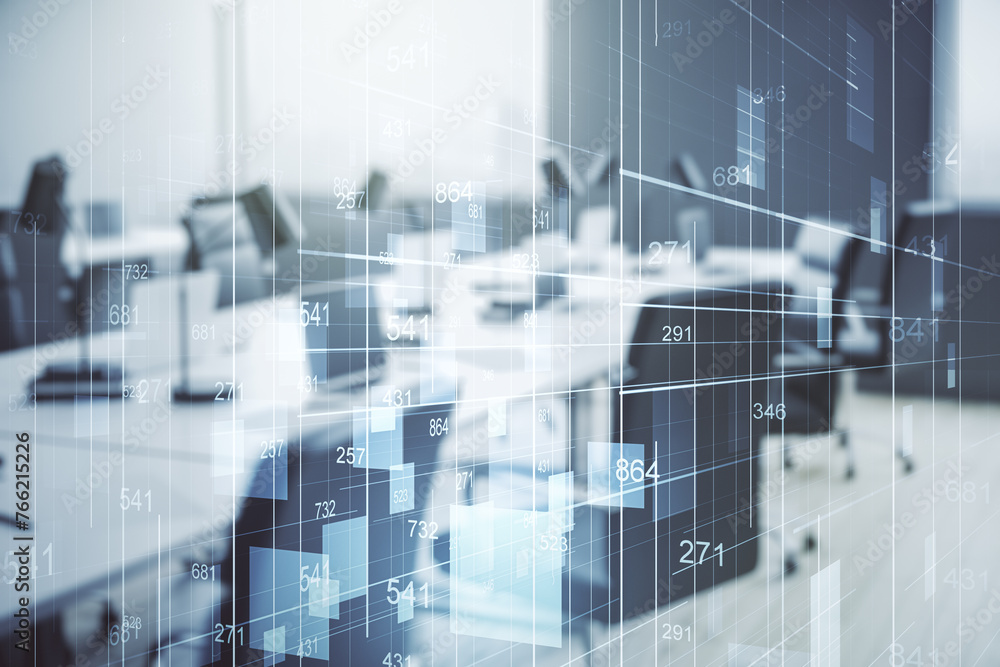 Poster double exposure of abstract creative statistics data hologram on a modern furnished office interior 