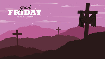 Good friday concept illustration with silhouette cross on the hill. Suitable for banner, background, greetings, or flyer design. Maundy Thursday. Holy Satuyrday