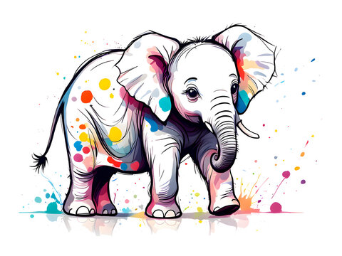 Colorful cute elephants and colorful splashing picture book illustrations