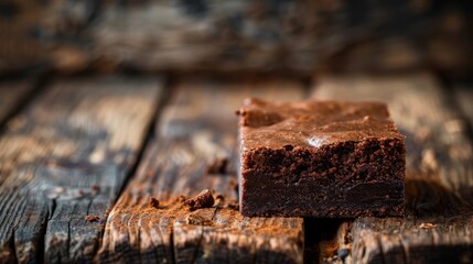 A brownie placed on a wooden table as the background.
