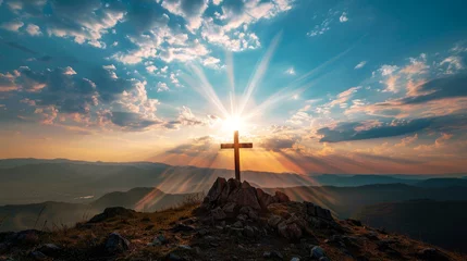 Foto op Canvas holy saturday cross on top of mountain with evening sky background © Edgar Martirosyan