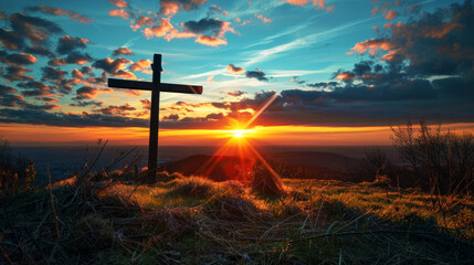 holy saturday cross on top of mountain with evening sky background