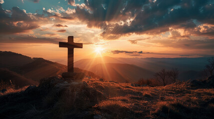 holy saturday cross on top of mountain with evening sky background