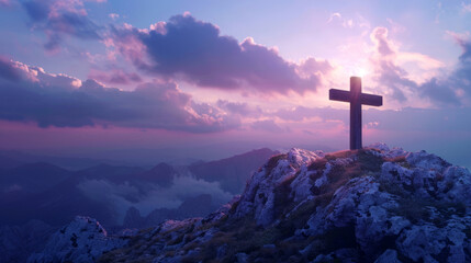 holy saturday cross on top of mountain with evening sky background - obrazy, fototapety, plakaty