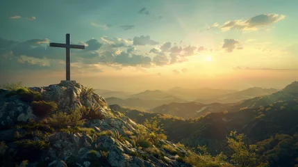 Foto op Canvas holy saturday cross on top of mountain with evening sky background © Edgar Martirosyan