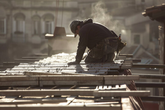 A construction worker on a rooftop, installing tiles. The image captures the detail and precision required in finishing work