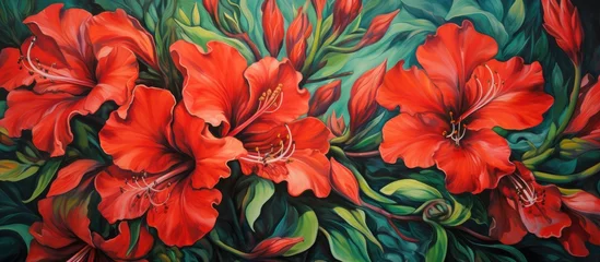 Zelfklevend Fotobehang A closeup of a painting featuring red flowers on a green background, capturing the beauty of flowering plants from the Canna family with intricate details © 2rogan