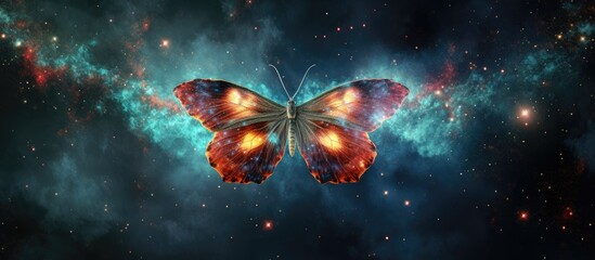 An arthropod butterfly, with electric blue wings, floats gracefully through the galaxy in space. Its symmetry and beauty resemble a celestial art event