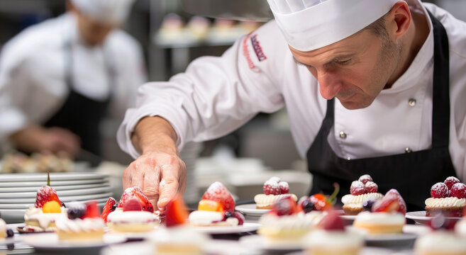 A chef in white attire, wearing an apron and hat, is seen plating up small cakes on plates arranged neatly at the kitchen counter of his restaurant