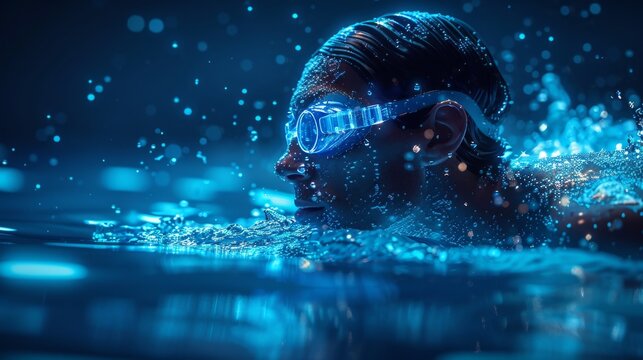 Floating in a pool. Swimming. Polygonal abstract health and sport illustration. A starry sky or space. Modern image in RGB color mode. Action. A swimmer in motion.