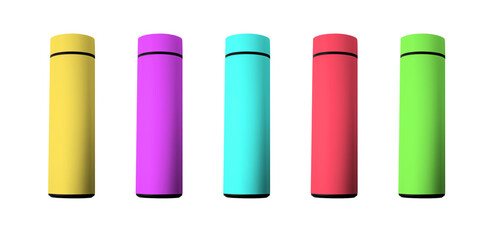 thermos in red blue green purple and yellow color with white background