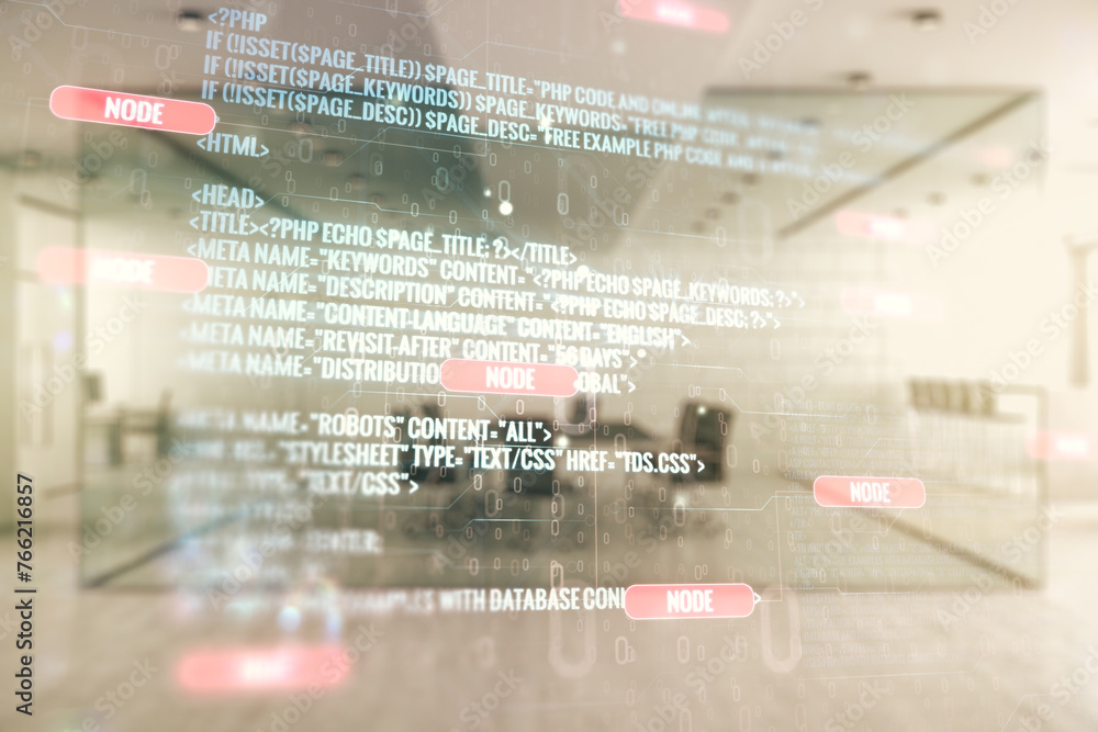Poster double exposure of abstract programming language interface on modern corporate office background, re