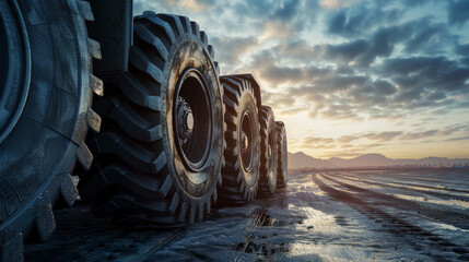 A set of heavy-duty truck tires, their deep treads ready to grip the road with resilience - obrazy, fototapety, plakaty