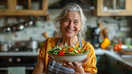 Aged woman smiling happily and holding a healthy vegetable salad bowl on blurred kitchen background Copy Space healthy lifestyle vegan cooking at home