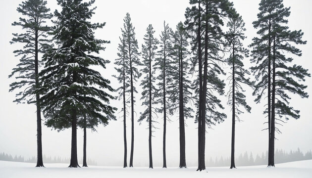 Silhouettes of Pine Trees, Evergreens, Big Tree and Firs against a White Background colorful background