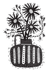 Flowers in vase linocut style black and white silhouette illustration - 766217248