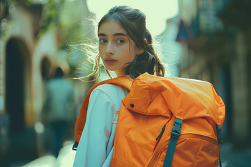 a young woman wears an orange backpack that she is carrying over her shoulder,