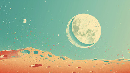 A retro-futuristic illustration of a lunar landscape with a large moon and distant planet against a star-speckled teal sky. - obrazy, fototapety, plakaty