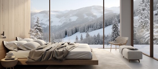 A room in a wooden house featuring a large bed, a window overlooking a snowy mountain, and a...