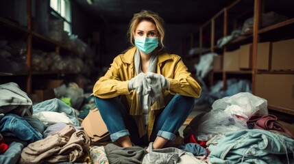 Fototapeta premium A female volunteer sitting in a pile of sacks donating clothes to a public charity donation center. Consumerism, Ecology, Planet Earth, Charity concepts.
