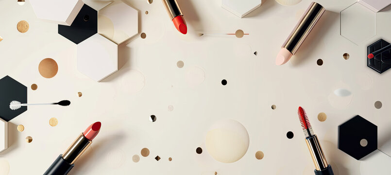 Abstract Background of Hexagons in Pastel Beige, Black, and White, with Flying Makeup Accessories.