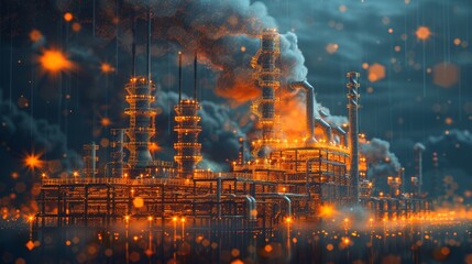 3D polygonal factory pipes producing gases. Industrial air pollution concept with connected dots and lines. Modern environment problem illustration. - obrazy, fototapety, plakaty