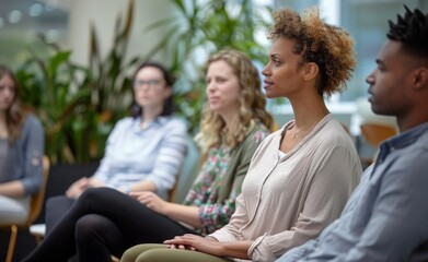 Diverse group of professionals engaged in a mindfulness session at the workplace.