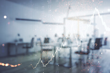 Double exposure of abstract creative financial chart hologram and world map on modern corporate office background, research and strategy concept