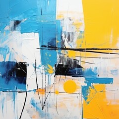 Abstract painting.Yellow blue Color graphics and collage. Painting in the interior.