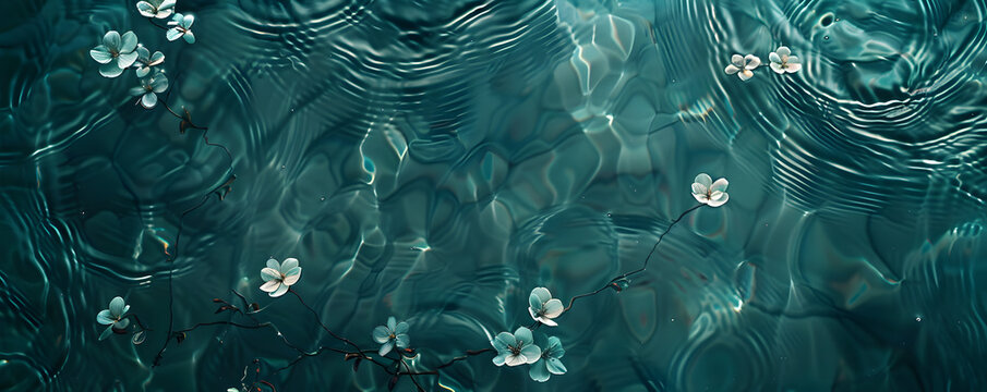 Calm scene of white blossoms floating in peaceful teal undulating waters, implying tranquility and serenity in nature, spa and wellness wallpaper, background, backdrop, banner