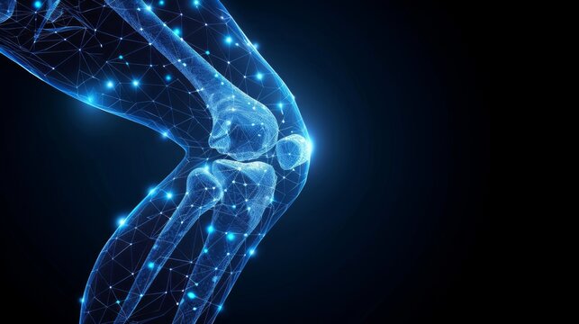 Illustration of low polygonal human knee isolated on dark blue background. Concept of futuristic medicine and orthopedic treatment.