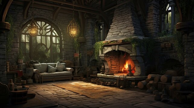 Fireplace in the old abandoned house. AI generated art illustration.