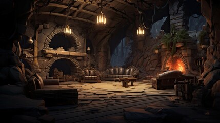 Fireplace in the old abandoned house. AI generated art illustration.