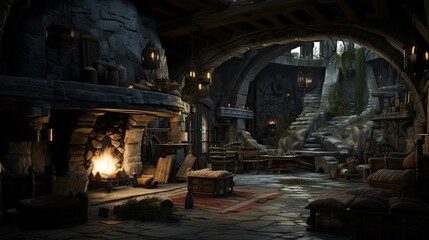 Naklejka premium Fireplace in the old abandoned house. AI generated art illustration.