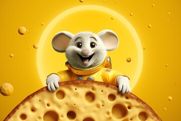 a cartoon mouse in a space suit holding a cheese