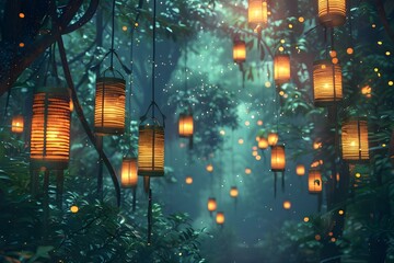 Magical Forest Lanterns: Create a magical atmosphere with a photo of lanterns hanging in a forest, casting a warm and enchanting glow.

