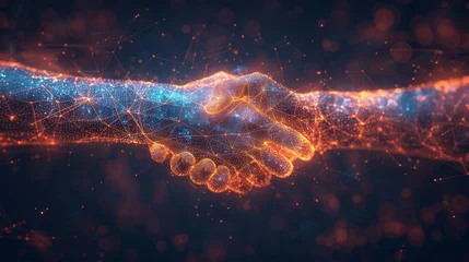 Fotobehang Abstract brothers handshake on pc monitor background. Online best deal or digital business. Low poly wireframe with polygons, particles, lines, and dots. © DZMITRY