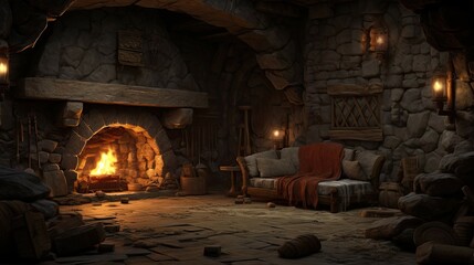 Fireplace in the old abandoned house. AI generated art illustration. - obrazy, fototapety, plakaty