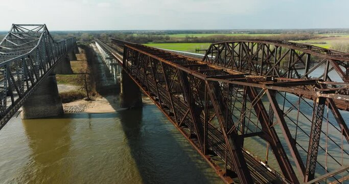 Aerial View Of Memphis-Arkansas Bridge With Frisco And Harahan Bridges In West Memphis, Arkansas, United States.