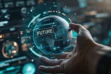 Hand Holding a Transparent Globe with "FUTURE" Inscription, Technology Interface Background
