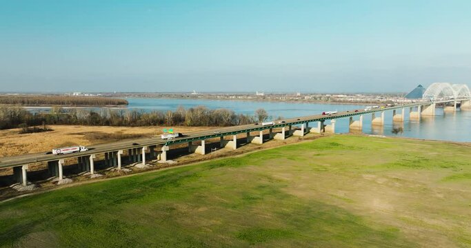 Aerial View Of Hernando de Soto Bridge In Memphis, West Memphis - Drone Shot