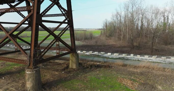 Rusty Truss Bridge Of Big River Crossing In West Memphis Delta Regional River Park, Arkansas, USA. Aerial Shot
